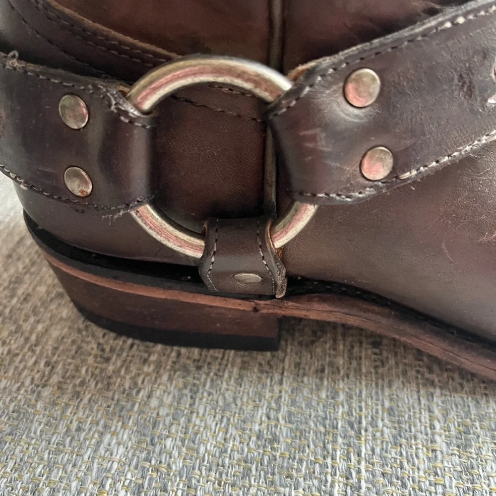 Frye Dark Brown Leather Ankle Boots with Strap Detail